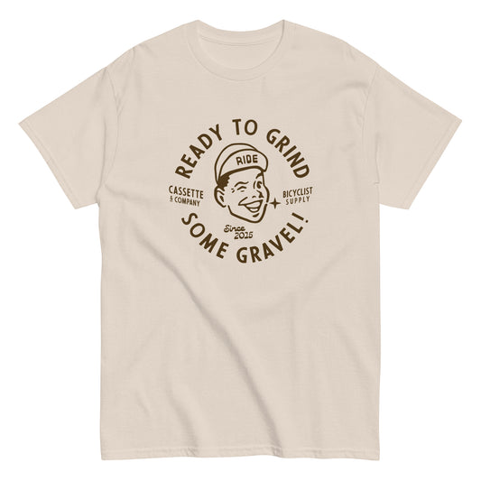 gravel grinder cycling tee in natural color with 1 color print