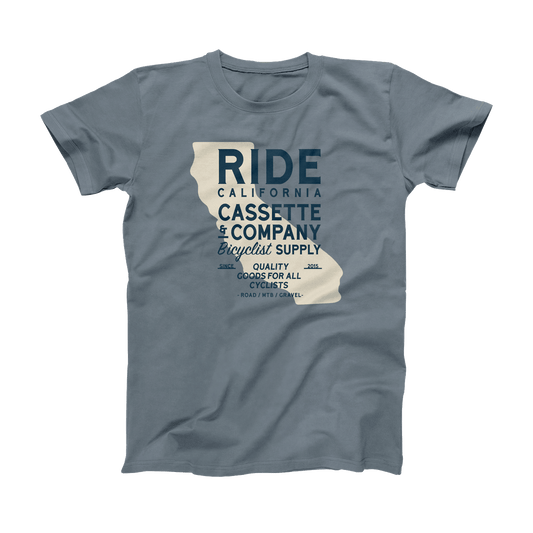 ride california cycling tee in vintage blue with 2 color print