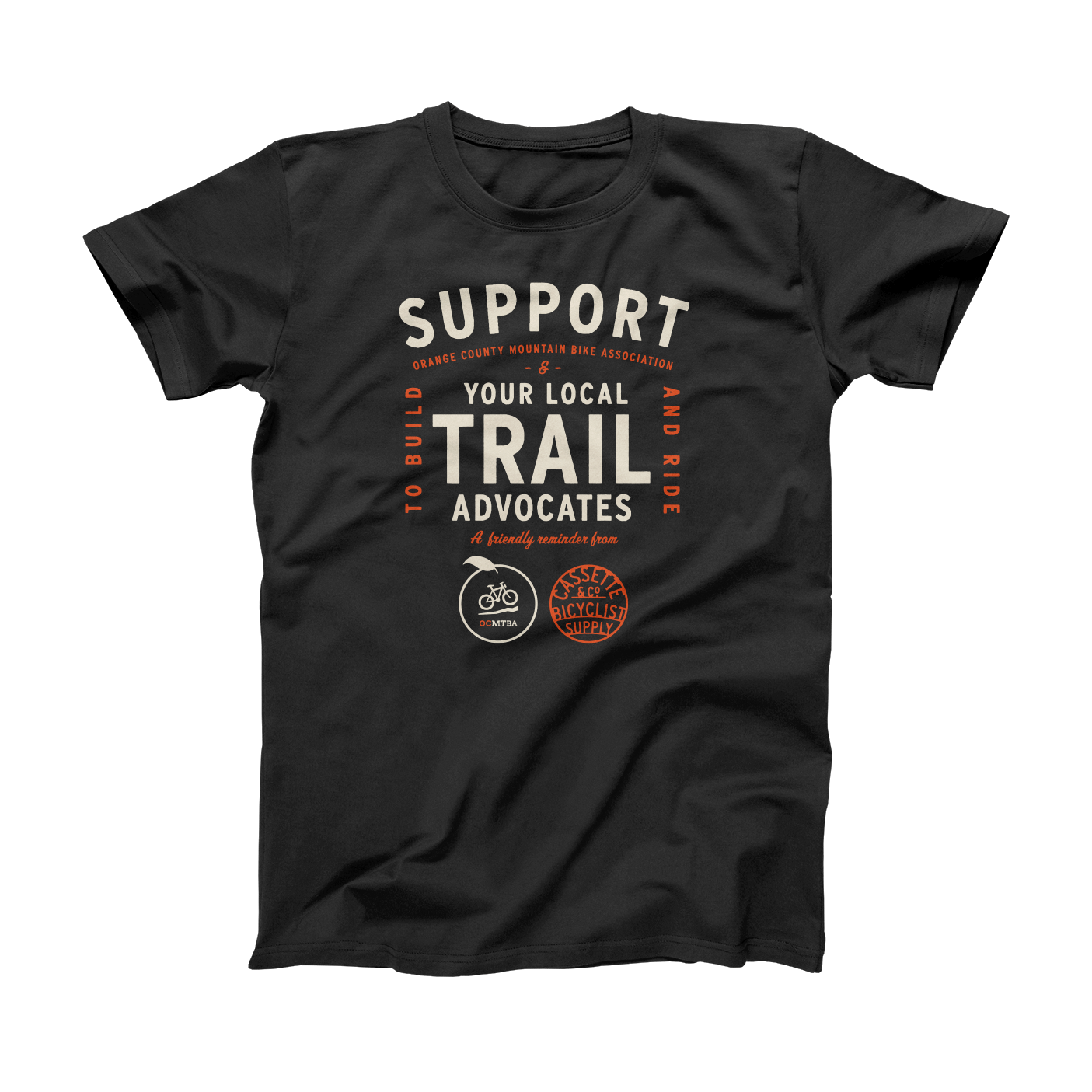 OCMTBA Trail Advocate tee in black with 2 color print