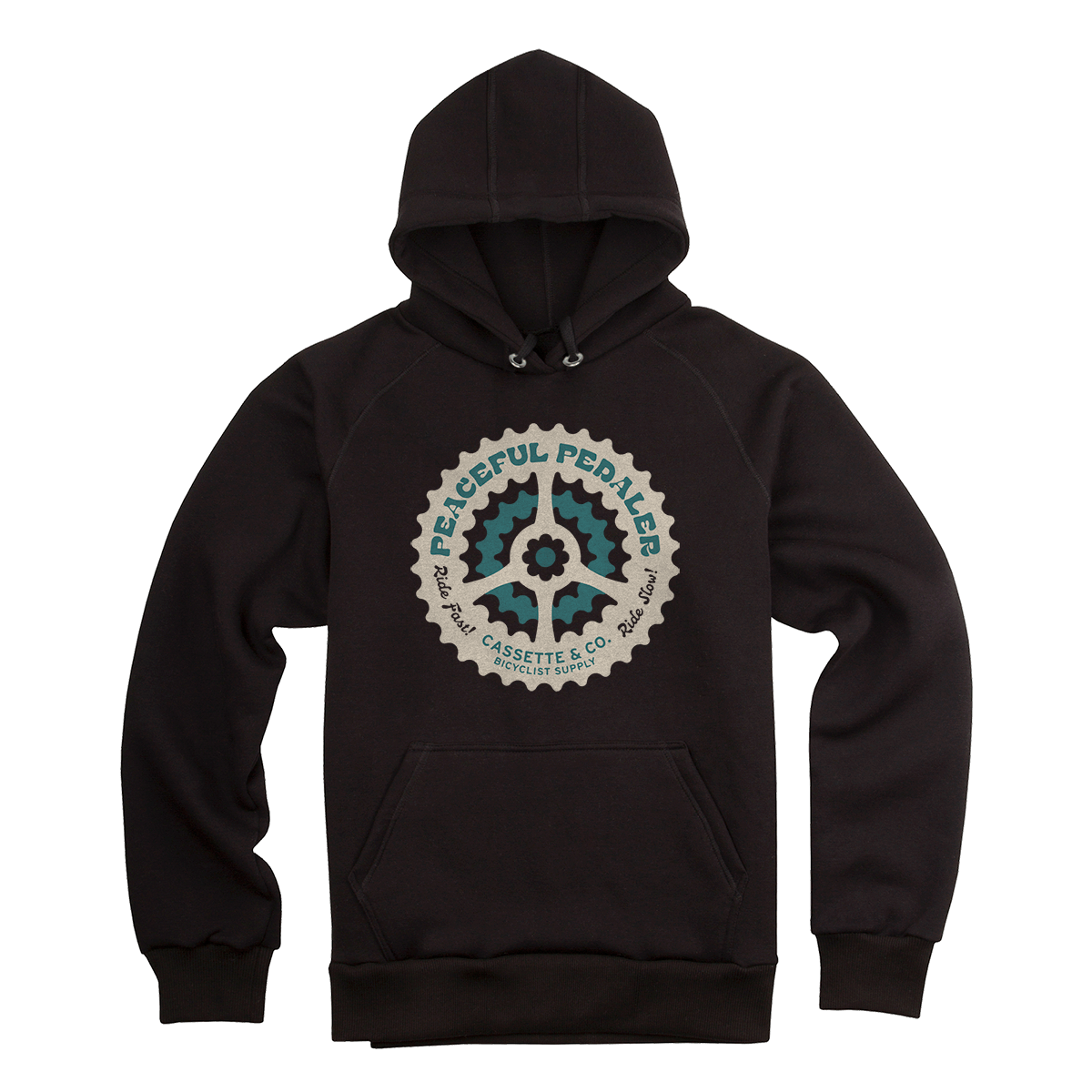Peaceful pedaler hoodie for cyclists in black with two color print