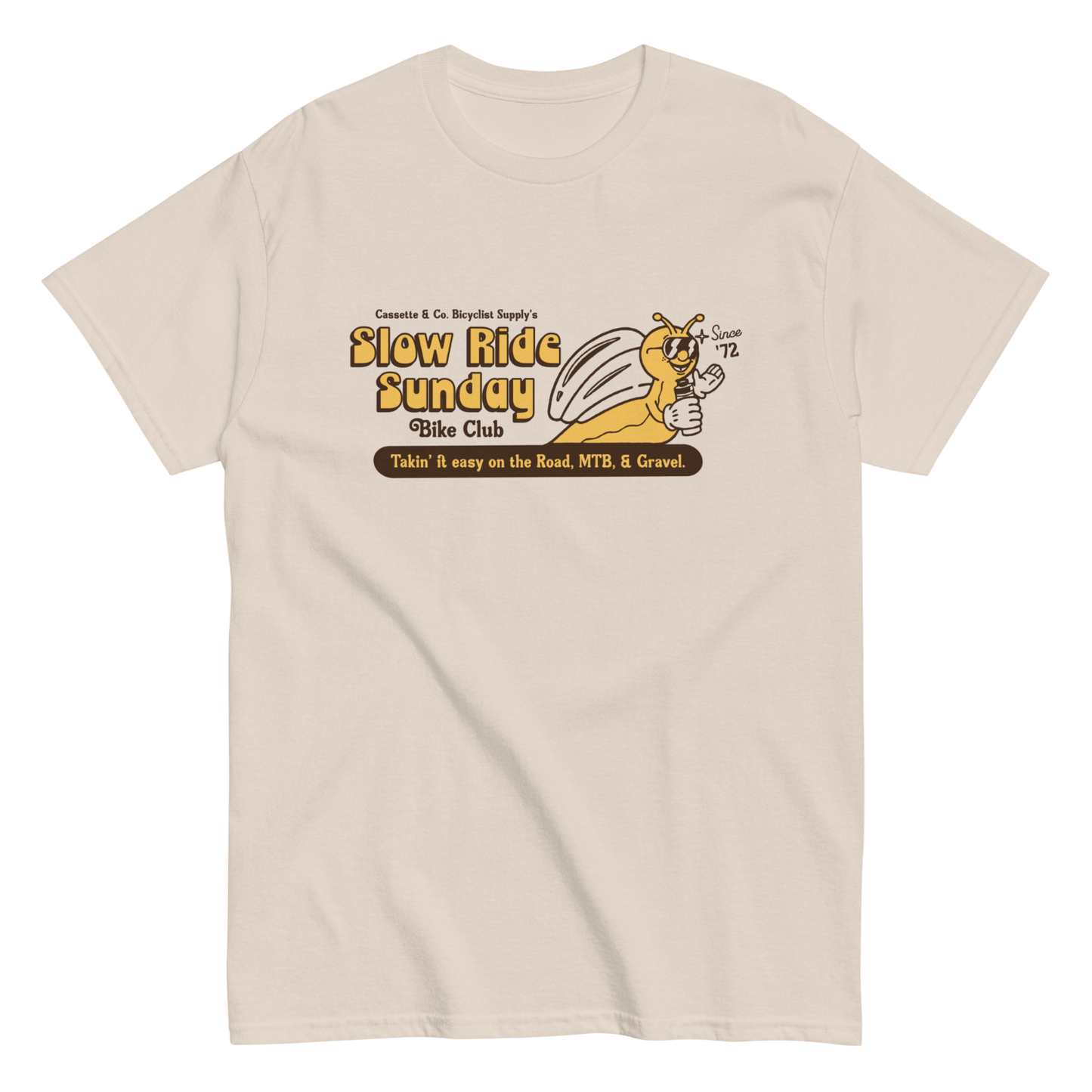 natural colored tee with two color print of snail mascot