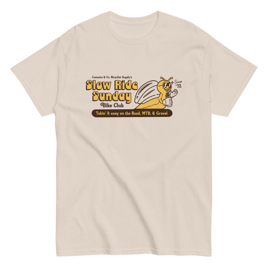 natural colored tee with two color print of snail mascot