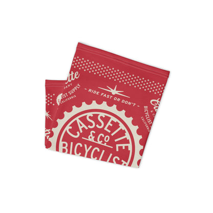 folded red neck gaiter for cyclist with bandana print