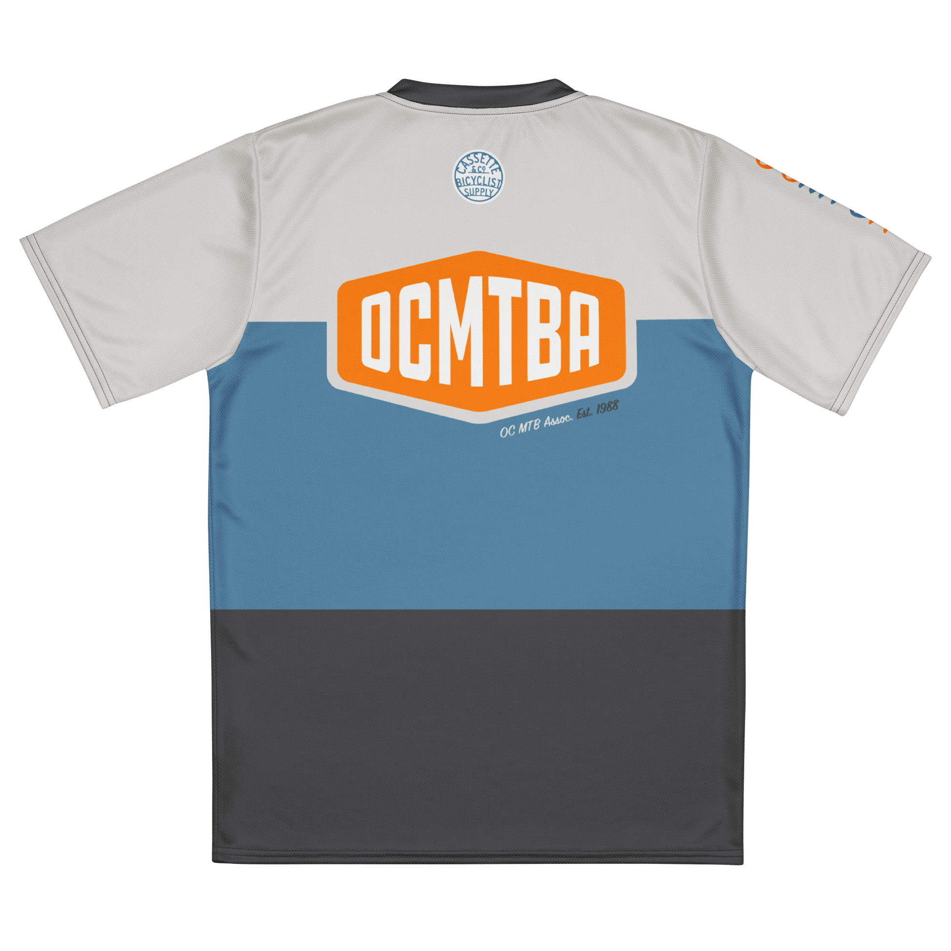 ocmtba trail jersey with dark gray, light blue and natural color stripes