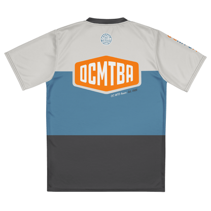 ocmtba trail jersey with dark gray, light blue and natural color stripes