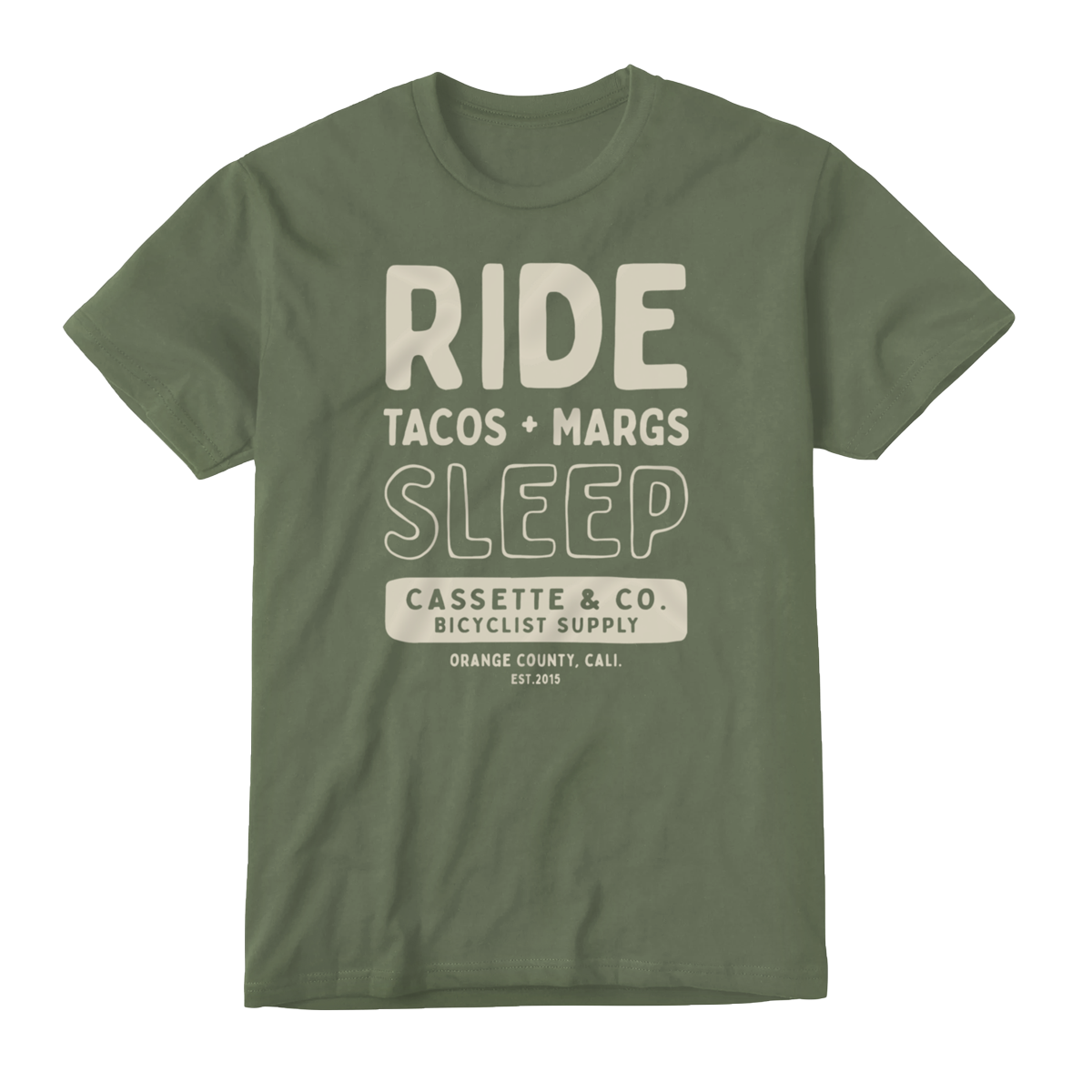mens tacos and margs tee in olive green with 1 color print
