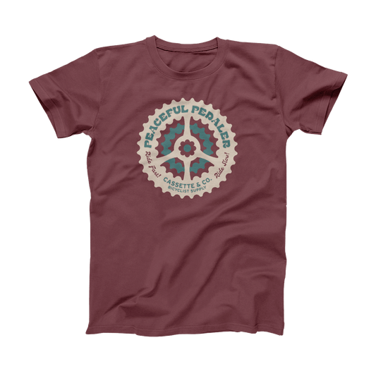 mens peaceful pedaler tee. with 2 color print