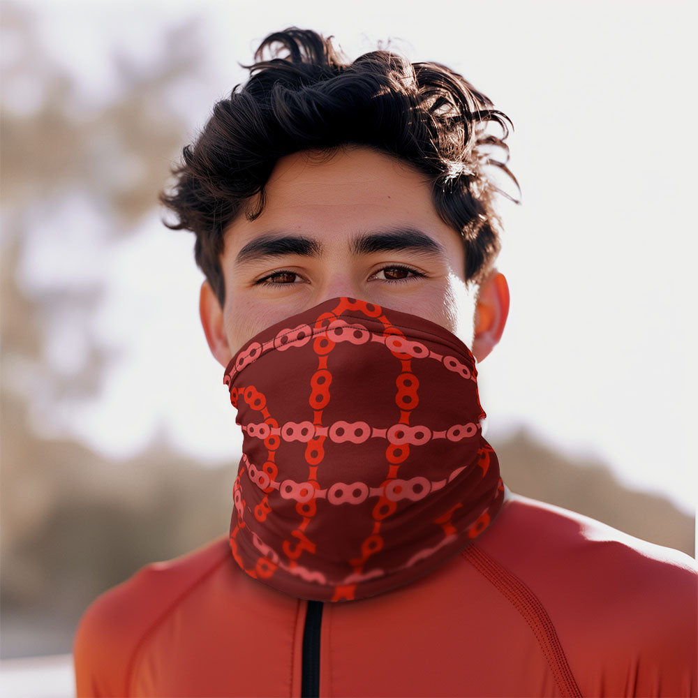 cyclist wearing red cycling neck gaiter