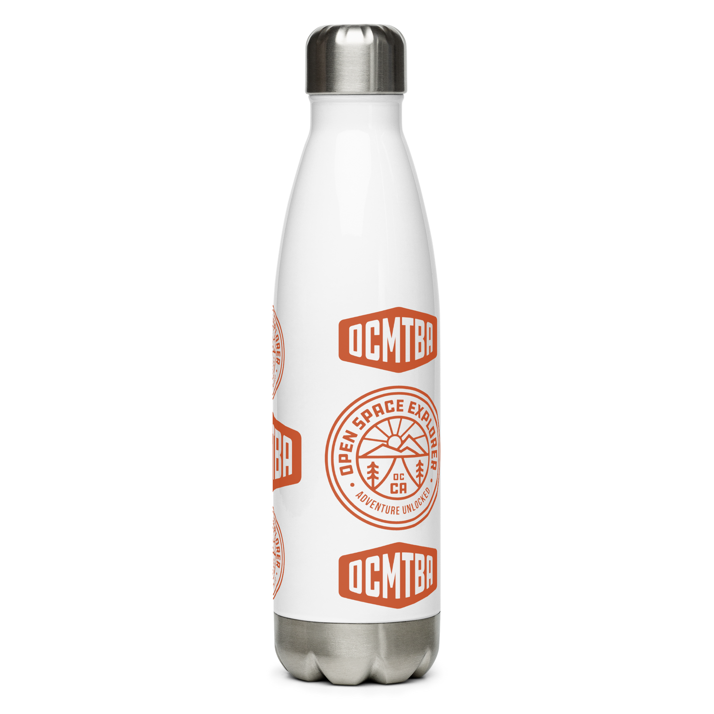 OCMTBA stainless steel bottle with Open Space Explore badge in a 1 color print