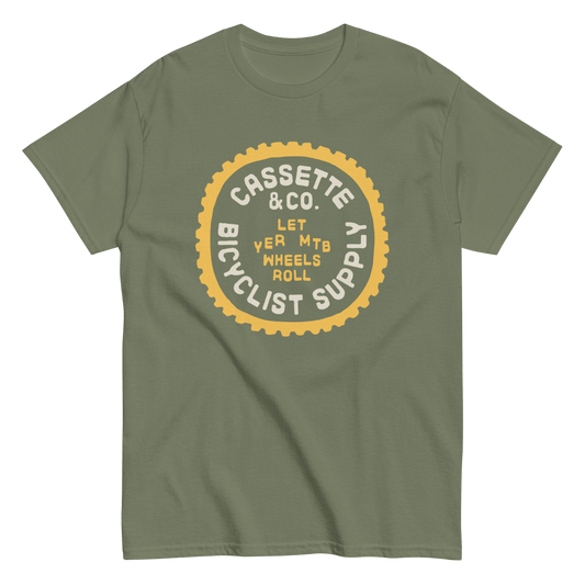 olive green tee with two color print 