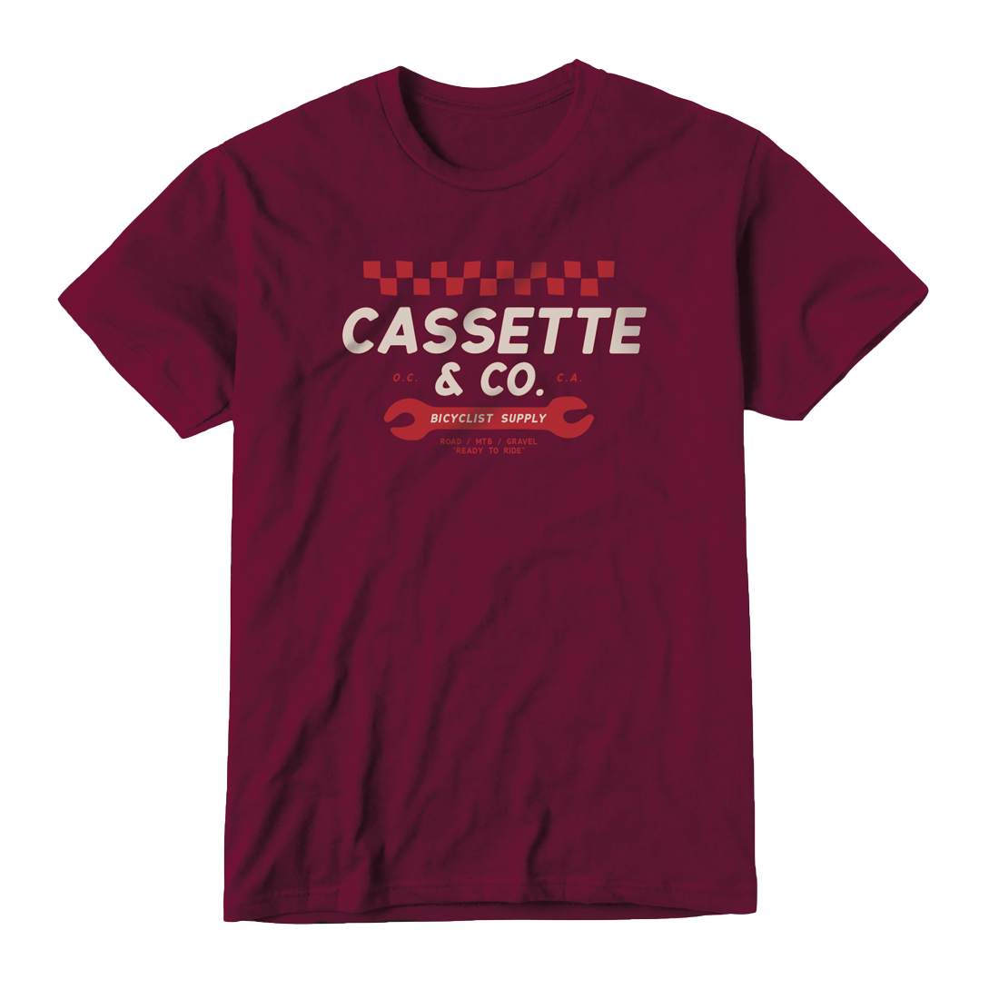 cassette & company wrench-it cycling tee in maroon with two color print