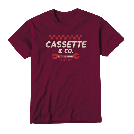 cassette & company wrench-it cycling tee in maroon with two color print