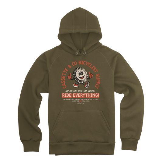 olive green hoodie with 3 color print of Cassette cycling mascot
