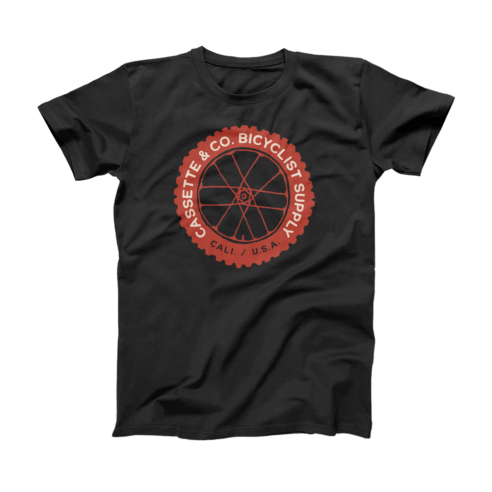 mens black tee with mountain bike wheel graphic in 2 colors