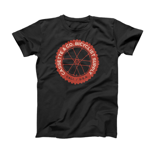 mens black tee with mountain bike wheel graphic in 2 colors