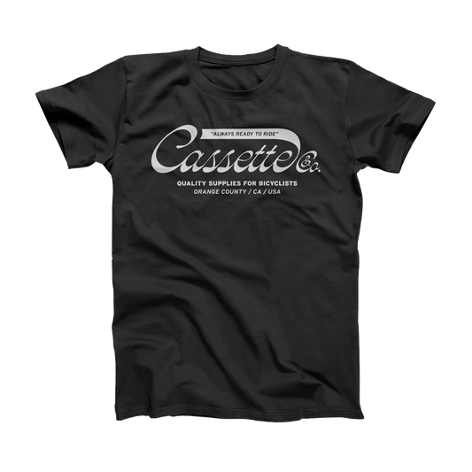 mens black tee with Cassette and Company logo in white