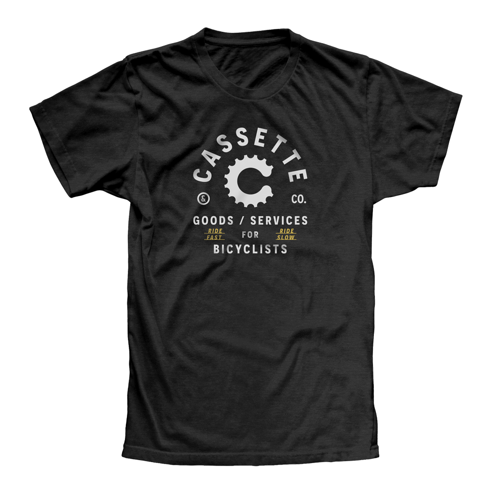 women's black tee with white and yellow front graphic for cyclists