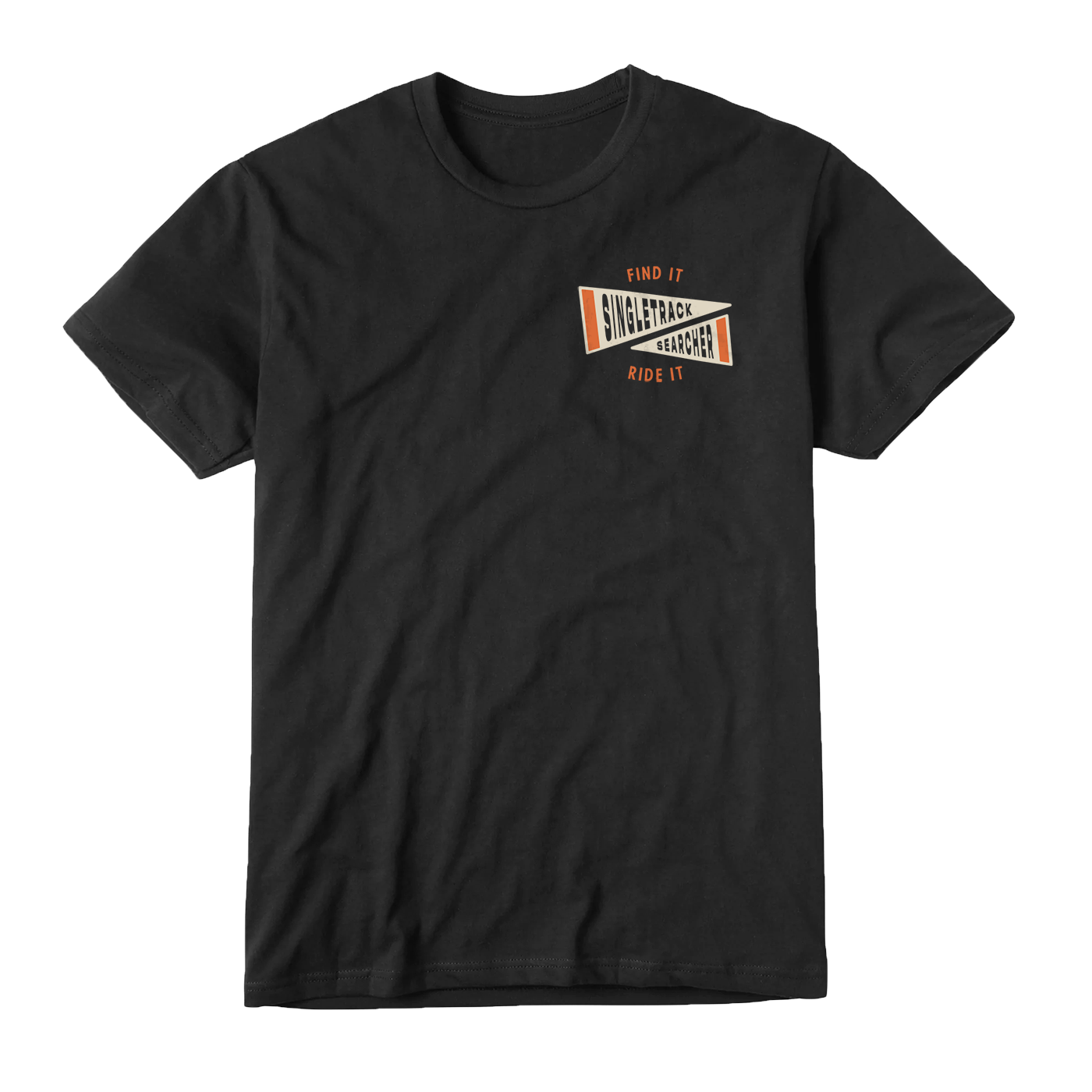 black tee with 2 color left chest Singletrack Searcher logo