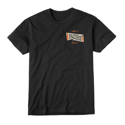 black tee with 2 color left chest Singletrack Searcher logo