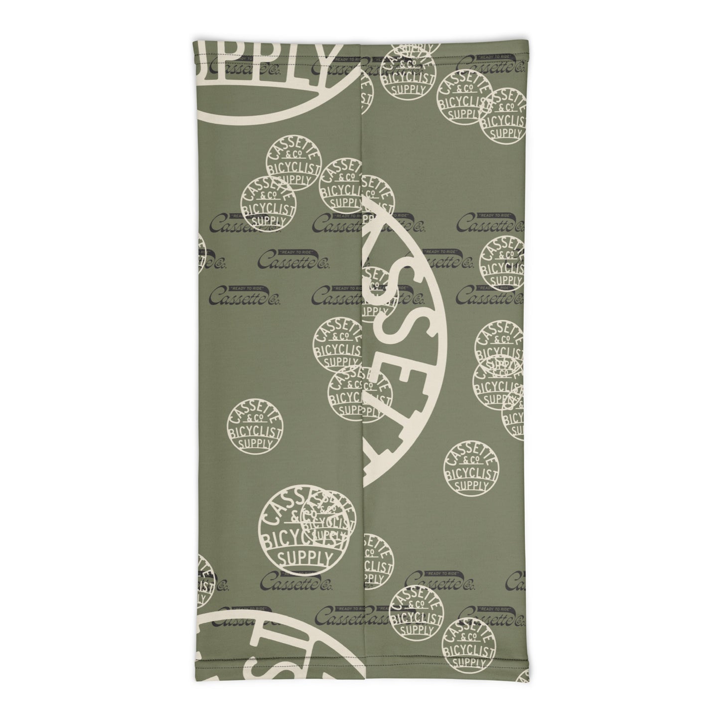 neck gaiter with random logos scattered around and in camouflage colors