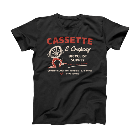 black tee with vintage red and cream colored graphic for cyclists