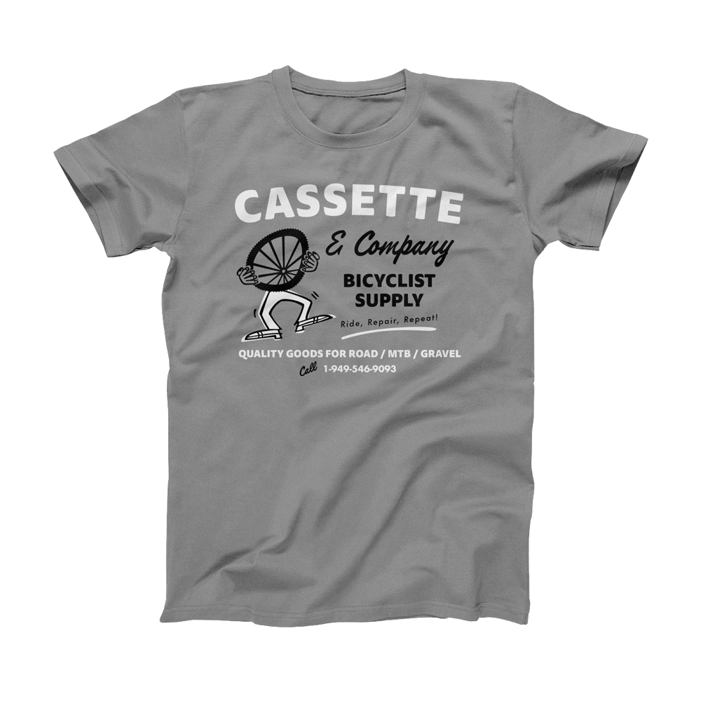 grey mens tee with black and white vintage cycling graphic
