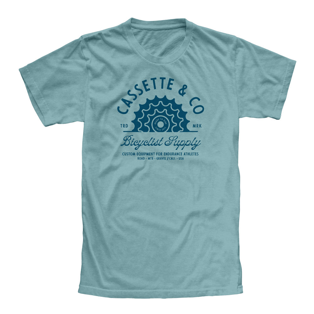 turquoise tee with navy blue print