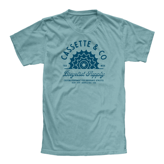 turquoise tee with navy blue print