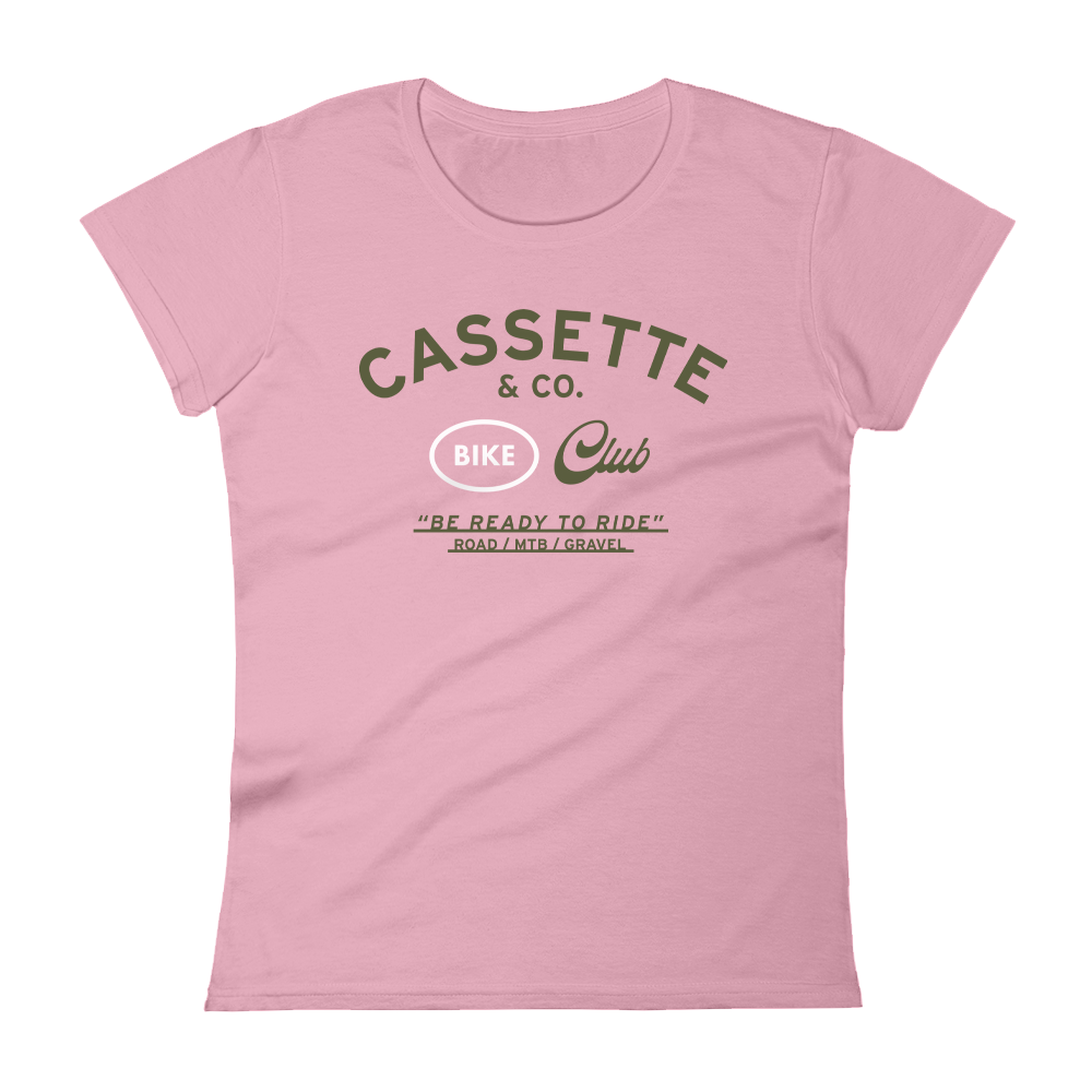 pink women's tee with white and olive green bike club graphic